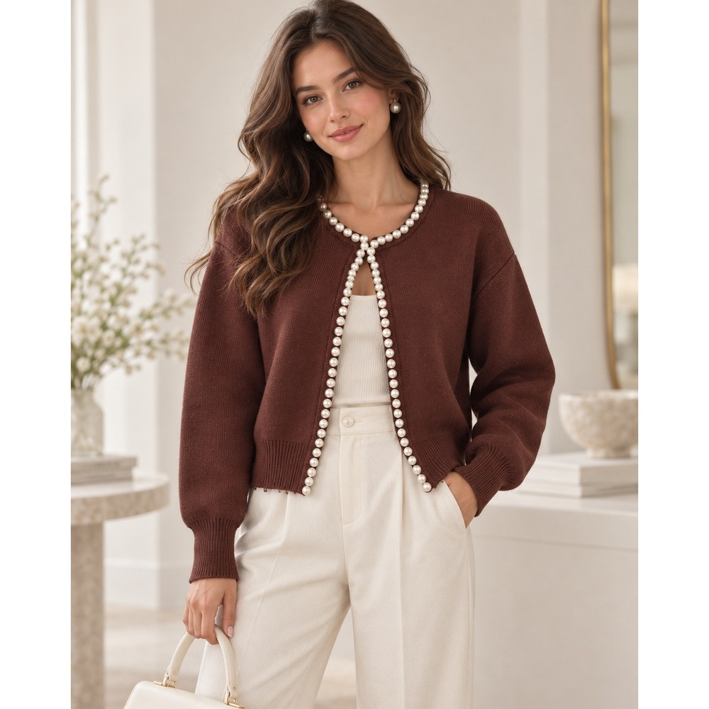 Commense Chocolate Brown Pearl Trim Oversized Cardigan Sweater Distressed Hem S